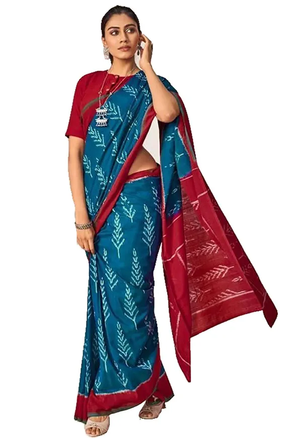 Green_Ikat_Pure_Soft_Cotton_Saree_With_Blouse__With_Blouse_Piece